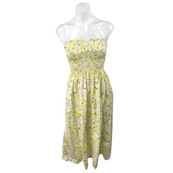 H&M Yellow Floral Strapless Sleeveless Smocked Midi Bandeau Tube A-line Dress XS - Picture 1 of 4